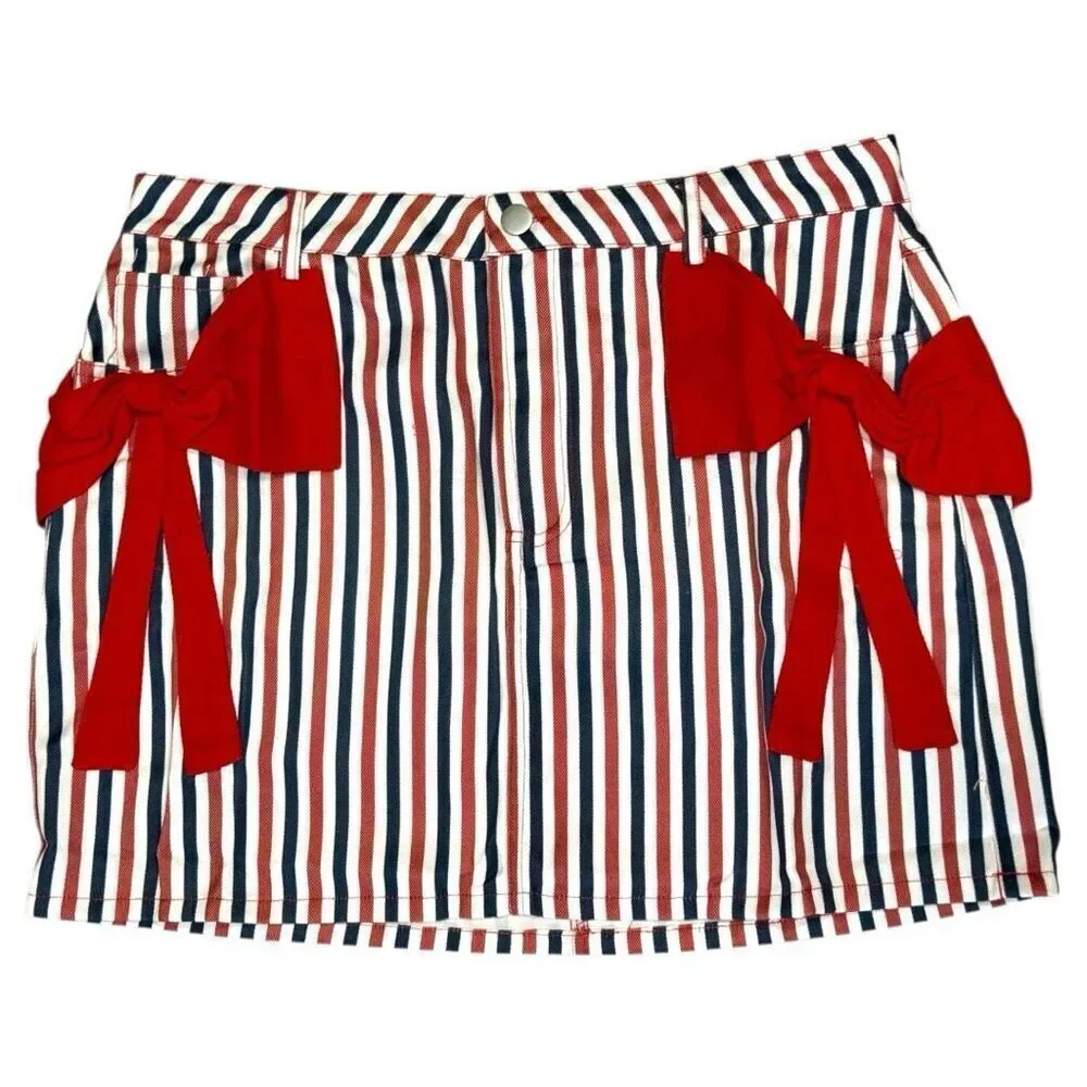 Denim Mini Skirt Patriotic Flag USA Red White Blue Striped Bow Pocket XL SO ME - Picture 8 of 13